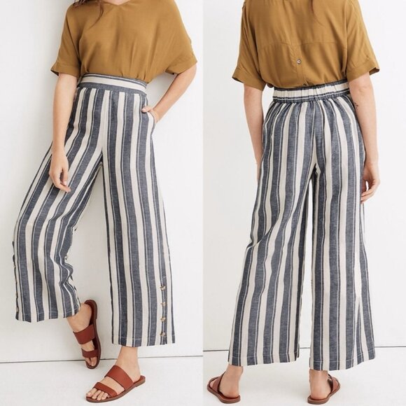 EUC Madewell Side Button Huston Stripe Pull On Crop Wide Leg Pants in Medium - Picture 1 of 10